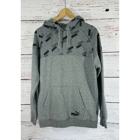 Puma Hoodie Hooded Sweatshirt Mens Medium Gray Kangaroo Pocket Heavy Warm Logo - Picture 2 of 10